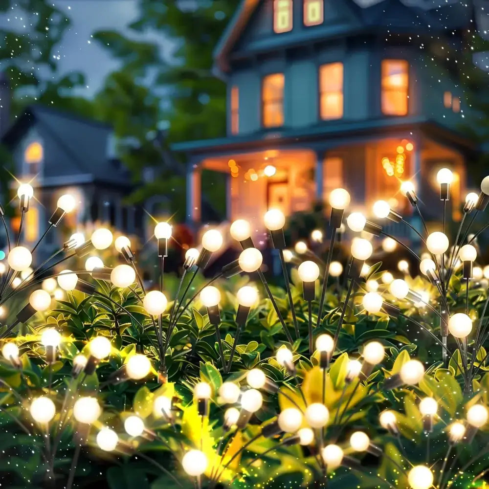 DecorBites™ warm white solar led firework lights with slender black stems and spherical bulbs in festive outdoor display
