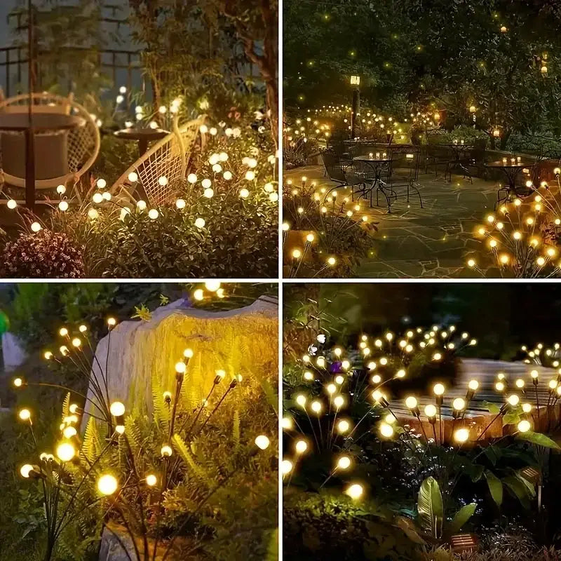 Decorbites warm white solar led firework lights with spherical bulbs on slender stems glow warmly in garden settings
