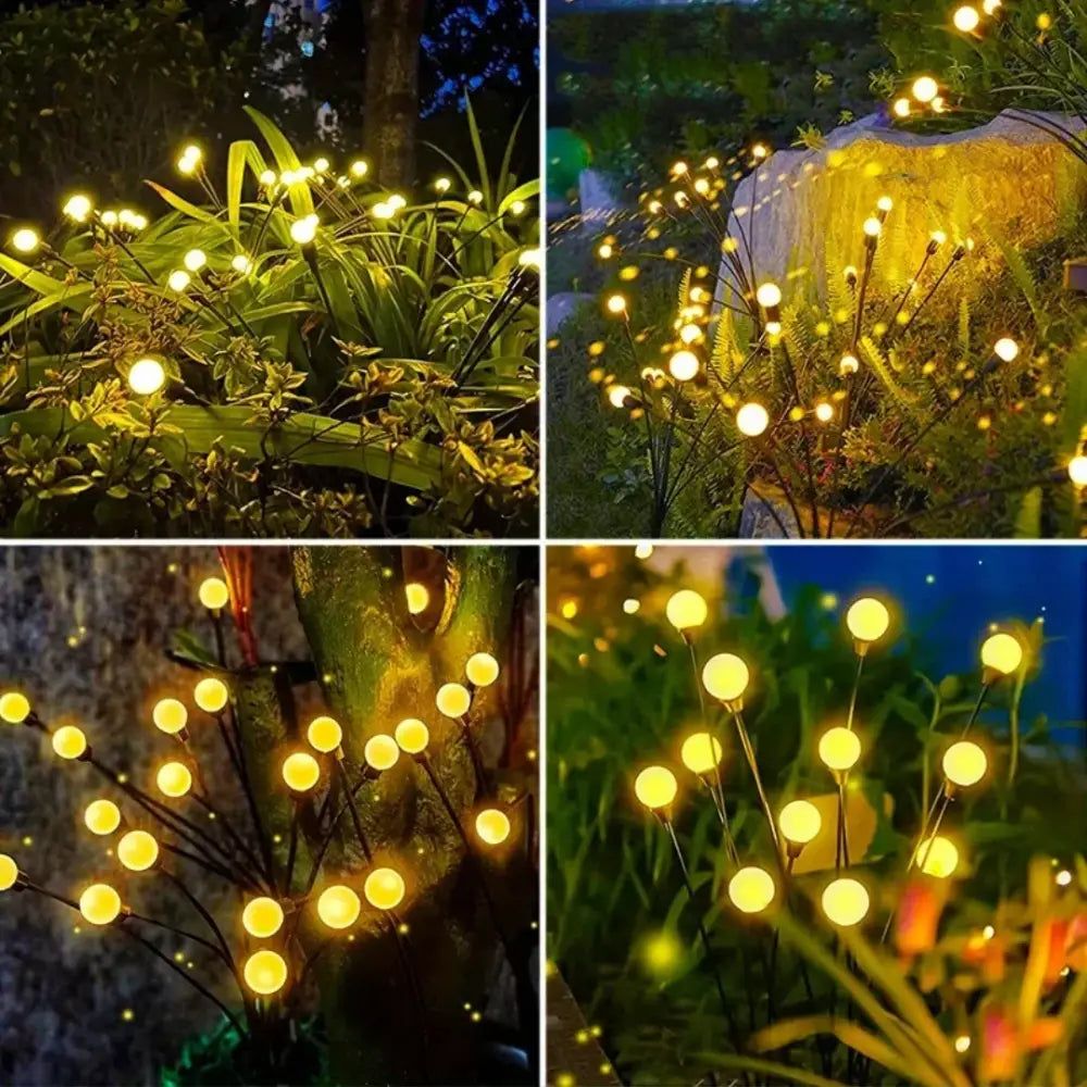 Decorbites™ warm white solar led firework lights feature yellow spherical led firefly lights on black stems for gardens
