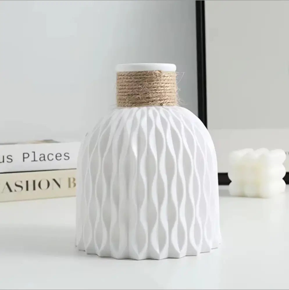 Decorbites™ water ripple ripple plastic vase in white ceramic with textured wavy pattern and natural twine band