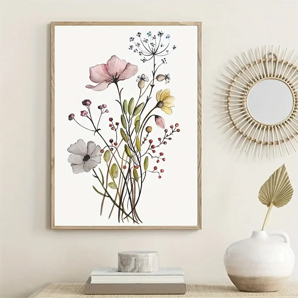 A framed DecorBites™ watercolor flower poster featuring delicate pink yellow and gray flowers with green stems