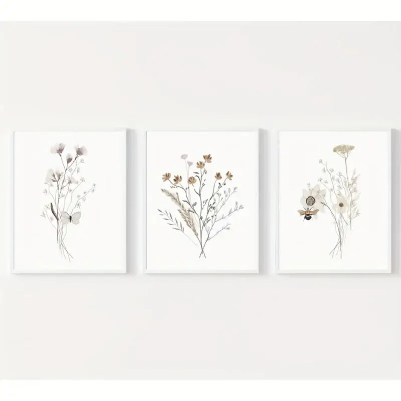 Set of three decorbites™ watercolor flower posters featuring delicate floral and insect designs in white frames
