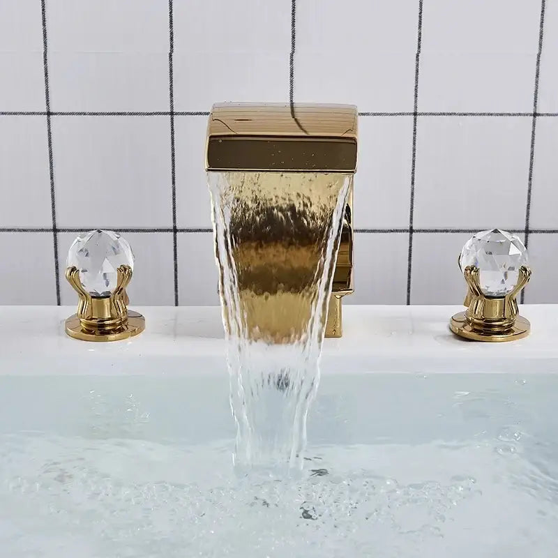 Gold waterfall bathroom basin faucet with crystal knobs decorbites™ hot cold mixer for elegant bathroom basin use