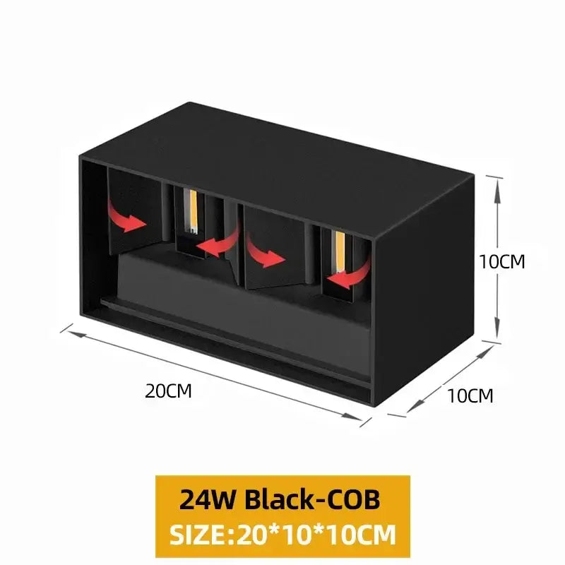 Black 24w cob aluminum led wall light fixture with three integrated lamps in a sleek rectangular design by DecorBites™
