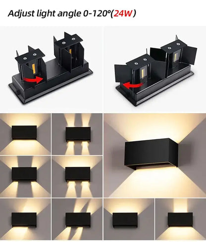 Black rectangular aluminum led wall light fixture with adjustable angle and warm white illumination for indoor and outdoor use