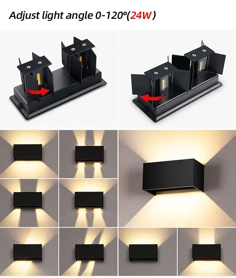 Black rectangular aluminum led wall light fixture with adjustable angle and warm white illumination for indoor and outdoor use