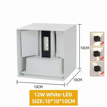 White 10cm cube aluminum led wall sconce with black internal panel by DecorBites waterproof wall light for indoor outdoor use