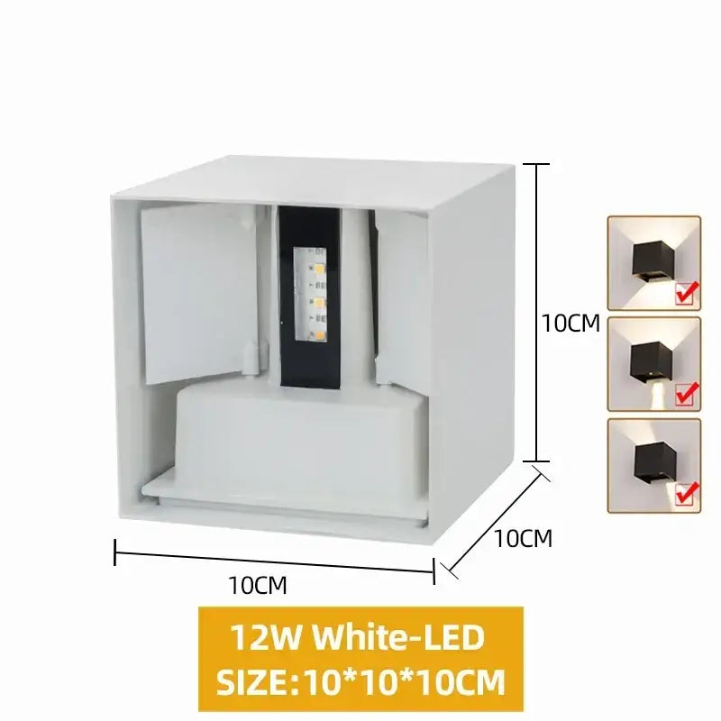 White 10cm cube aluminum led wall sconce with black internal panel by DecorBites waterproof wall light for indoor outdoor use