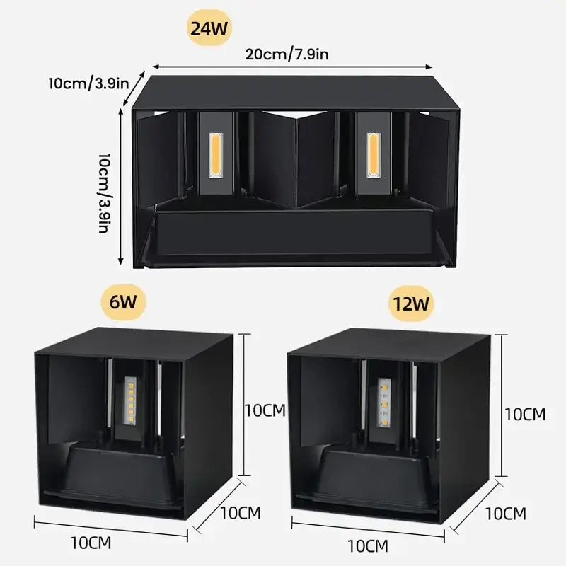 Decorbites™ waterproof aluminum led wall lamp black rectangular led wall sconce with three light modules in 24w 12w and 6w
