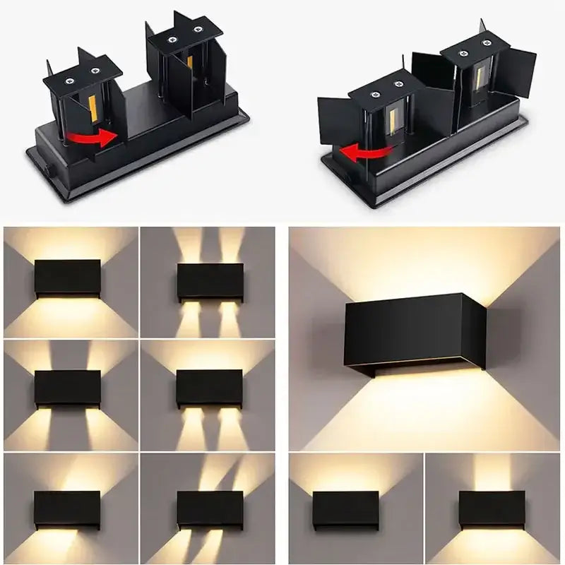 Black aluminum led wall light fixture with adjustable directional lighting for indoor and outdoor use by DecorBites