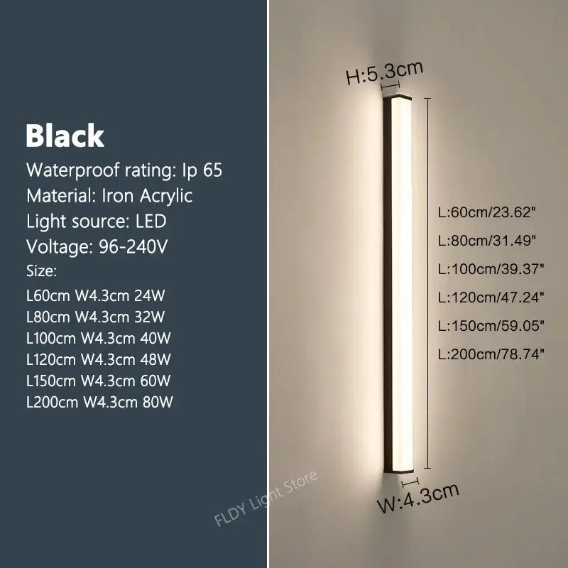 Decorbites™ waterproof led outdoor wall light black iron and acrylic long strip led sconce in various lengths