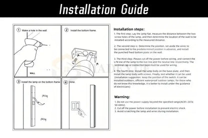 Installation guide for DecorBites™ waterproof led outdoor wall light showing illustrated steps and safety warnings