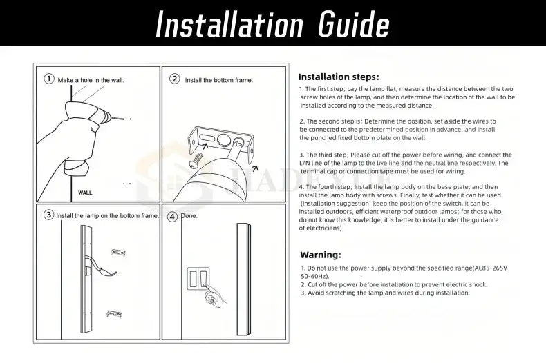Installation guide for DecorBites™ waterproof led outdoor wall light showing illustrated steps and safety warnings