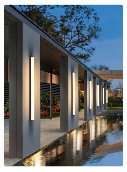 Modern minimalist decorbites™ waterproof led outdoor wall light with sleek rectangular design and warm white long strip led illumination