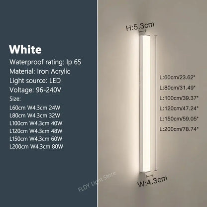 White led waterproof led outdoor wall light with sleek iron and acrylic design available in various lengths