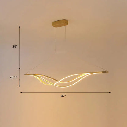Modern gold-finished wave shaped metal led island light fixture with flowing intertwined strips for dining room island light