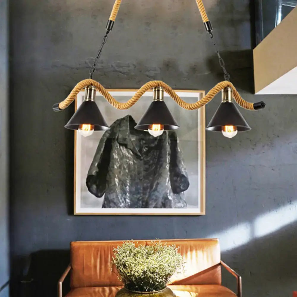 Decorbites wavy hemp rope island light fixture with metal shade and black cone hanging on thick natural hemp rope