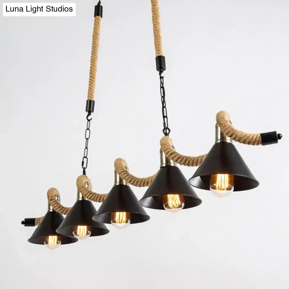 DecorBites™ wavy hemp rope island light fixture with black metal shade and rustic brass accents for bar lighting