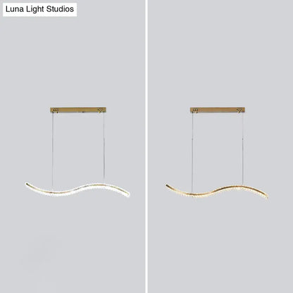 Modern gold-toned wave-shaped led pendant light with silver gold crystal accents for dining room with remote control