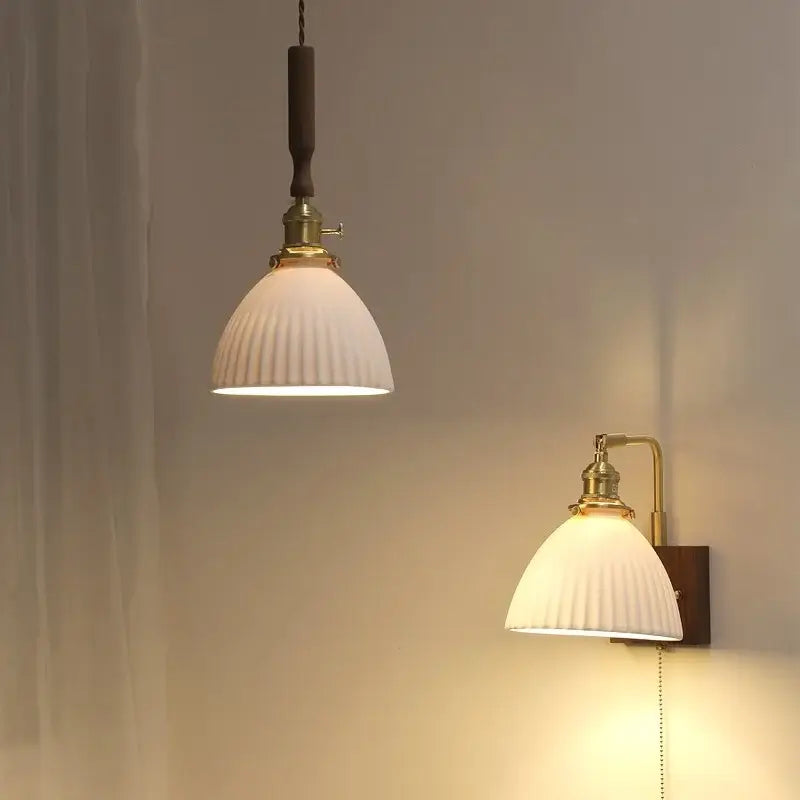 Vintage cream ribbed white ceramic led pendant light and wall sconce lamp with brass accents for kitchen wood accent