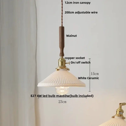 Vintage cream ribbed white ceramic led pendant light with fluted shade, copper wire, and walnut wood accent for kitchen