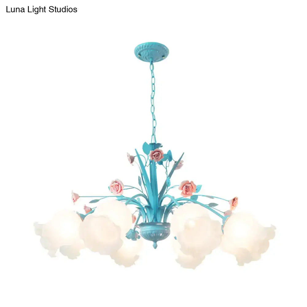 Decorbites™ white glass chandelier light blue floral countryside with turquoise frame pink roses frosted glass shades 220v-240v 110v-120v
