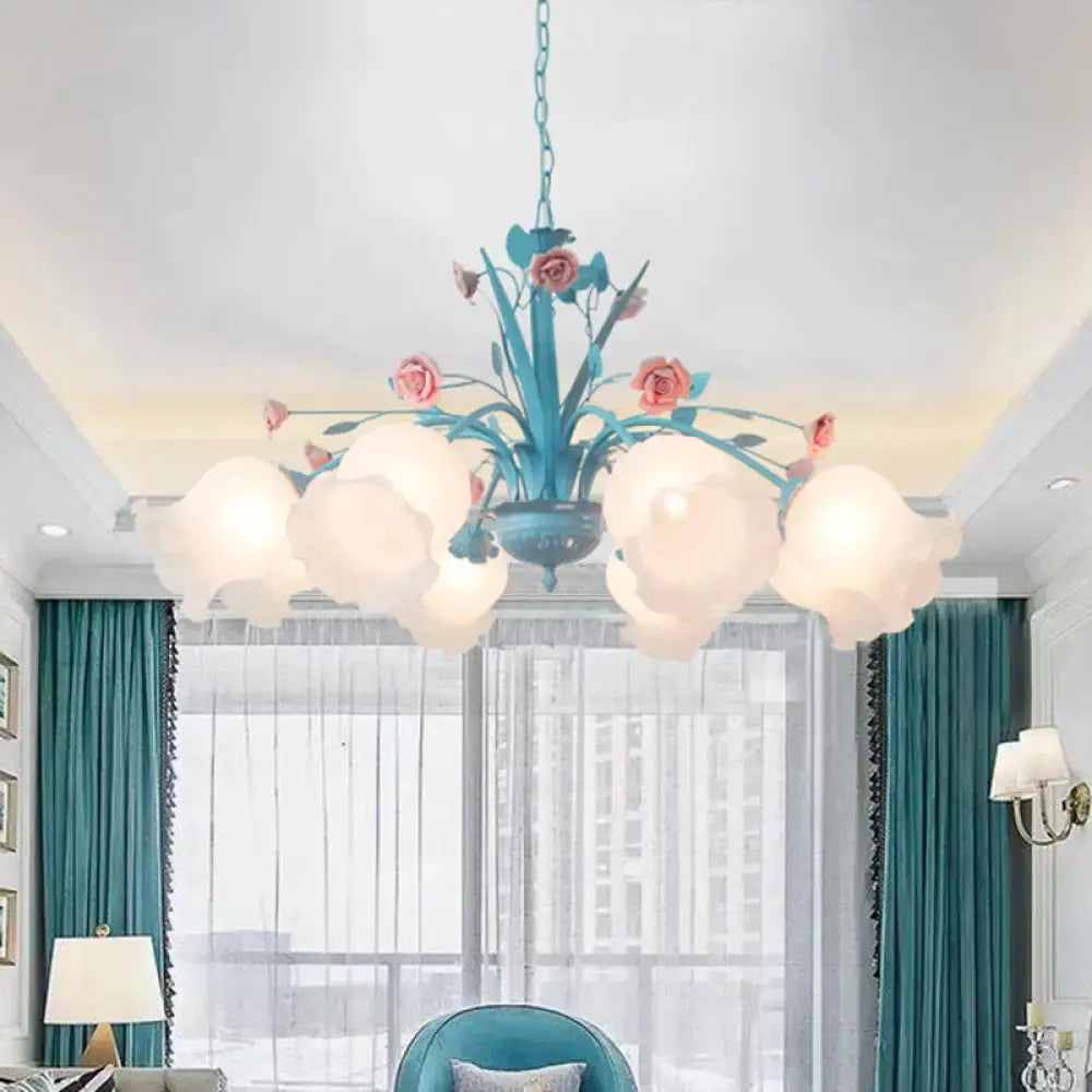 DecorBites white glass chandelier light with turquoise floral design pink rose accents frosted glass shades 220v-240v 110v-120v