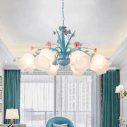 DecorBites white glass chandelier light with turquoise floral design pink rose accents frosted glass shades 220v-240v 110v-120v