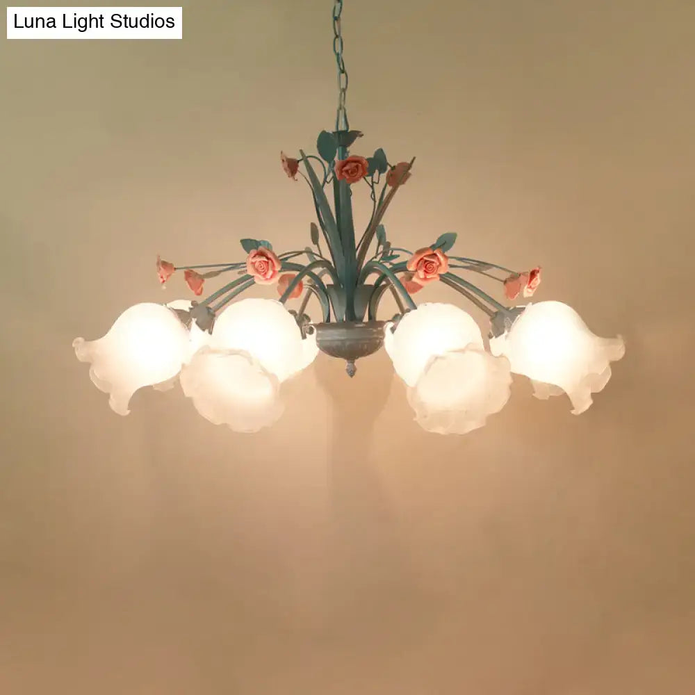 Decorbites white glass chandelier light with dark green metal frame pink roses five frosted shades 220v-240v 110v-120v