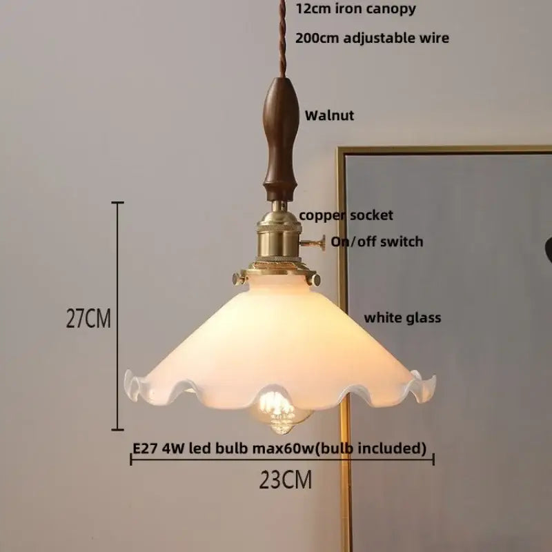 Vintage walnut and white glass led pendant light with frosted ruffled shade and brass copper socket for kitchen lighting