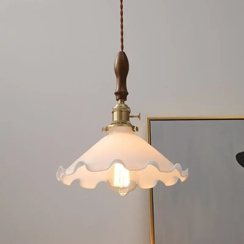Vintage walnut and white glass led pendant light with warm frosted ruffled shade and brass fixture for kitchen lighting