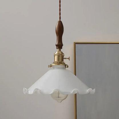 Vintage walnut and white glass led pendant light with dark wood handle brass hardware and ruffled frosted shade