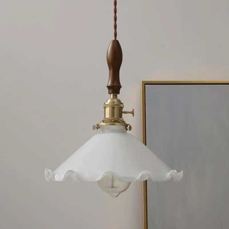 Vintage walnut and white glass led pendant light with dark wood handle brass hardware and ruffled frosted shade