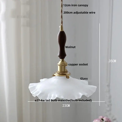 Vintage walnut and white glass led pendant light with ruffled fluted design and dark walnut wooden handle for kitchen lighting