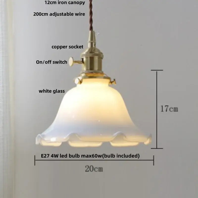 Vintage walnut and white glass led pendant light with brass-finished copper socket and scalloped shade for kitchen lighting