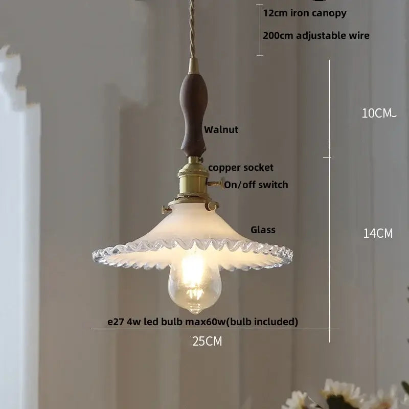 Vintage walnut and white glass LED pendant light with wooden handle, brass socket, and scalloped frosted glass shade for kitchen lighting