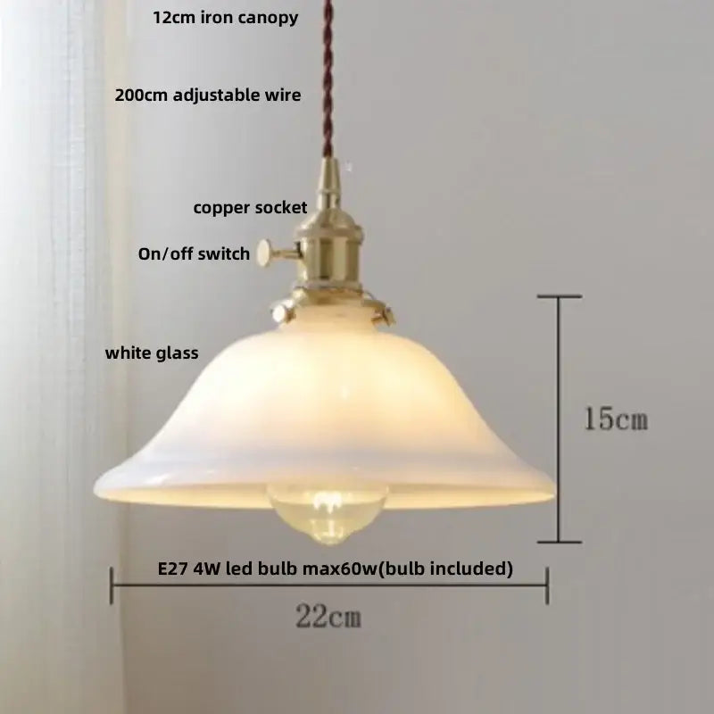 Vintage walnut and white glass led pendant light with brass copper socket and iron canopy for kitchen lighting