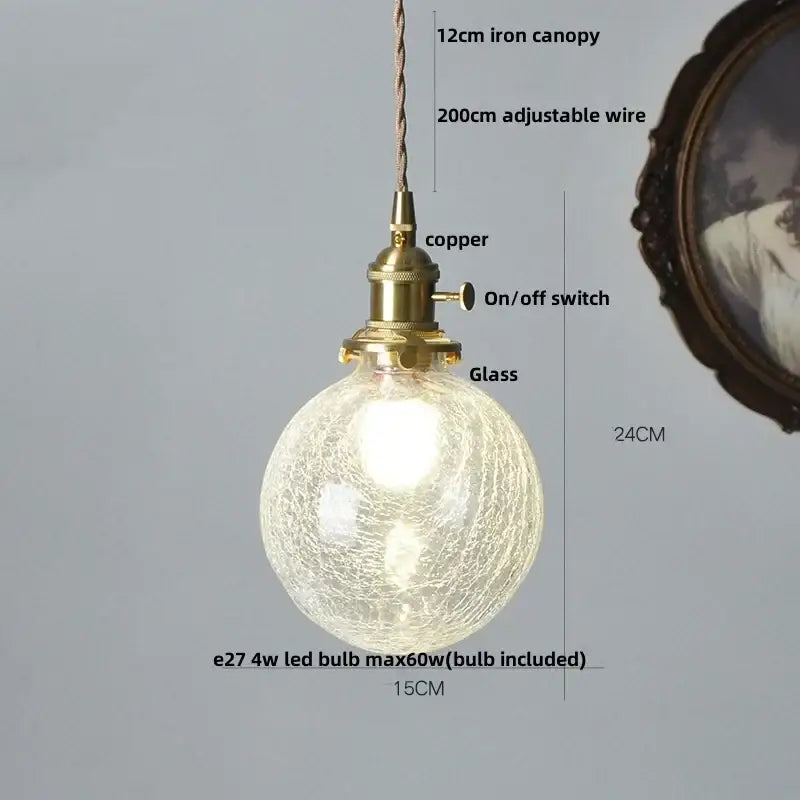 Vintage walnut and white glass led pendant light with crackled globe and brass copper hardware for kitchen lighting