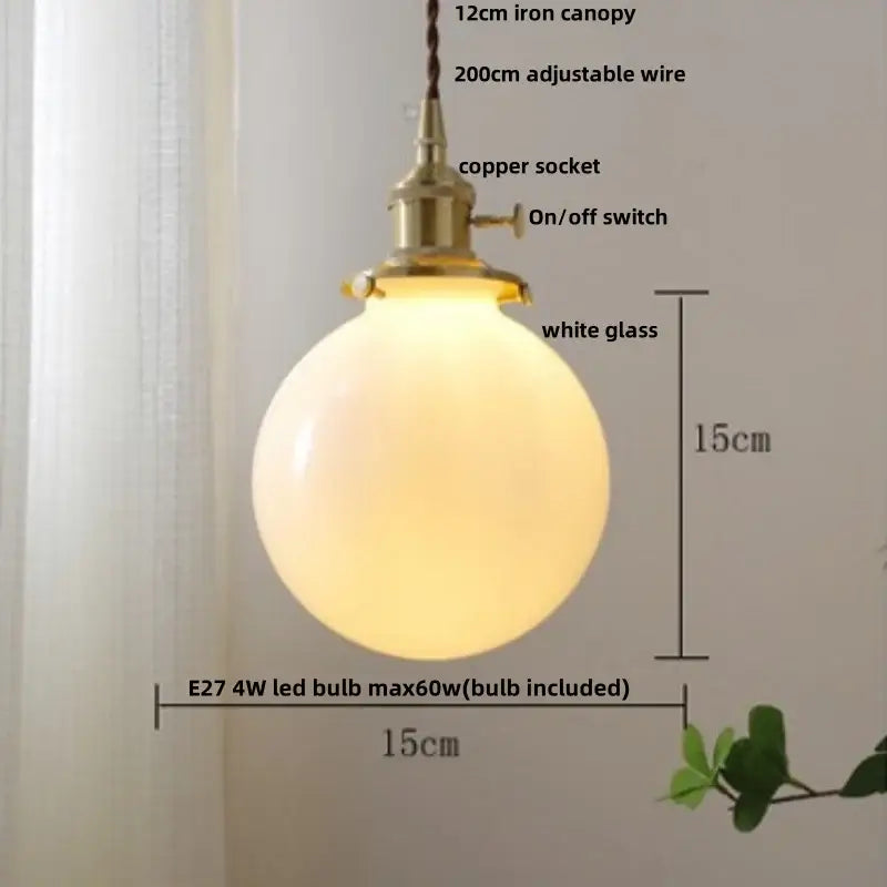 Vintage walnut and white glass led pendant light with warm glowing globe and brass copper socket for kitchen lighting