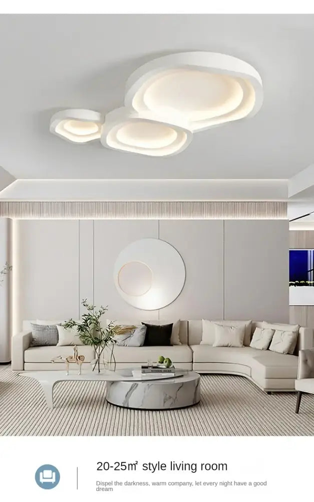 Modern minimalist DecorBites™ white LED ceiling lamps with layered oval rings emitting a warm glow for home decor