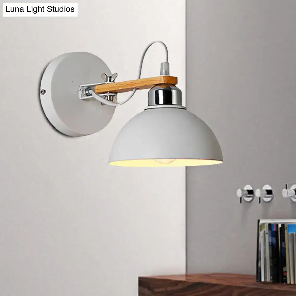 White and wood dome wall light with matte white shade, chrome metal frame, and direct wired electric for bedrooms