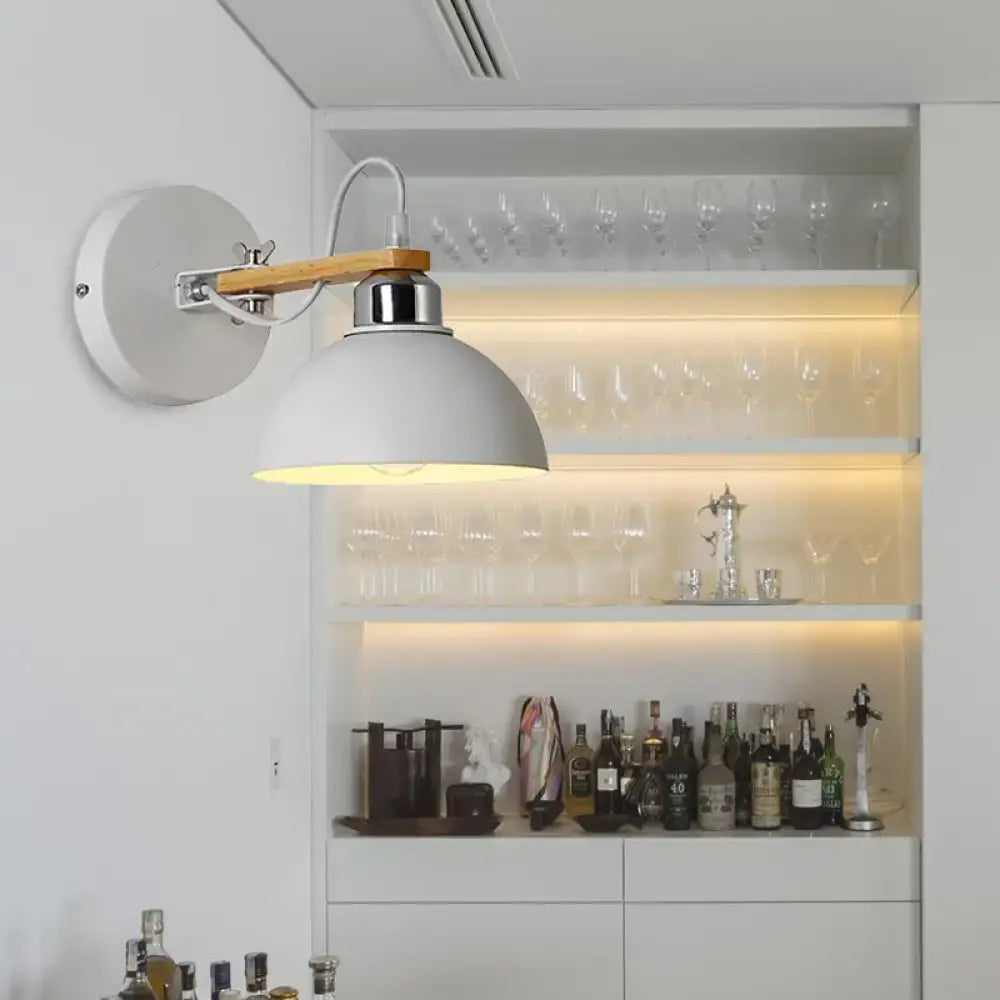 White dome wall light with wooden arm and chrome metal frame direct wired electric for bedroom lighting