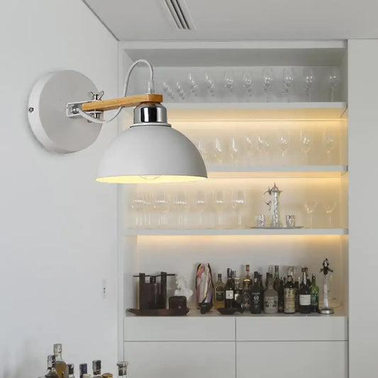 White dome wall light with wooden arm and chrome metal frame direct wired electric for bedroom lighting