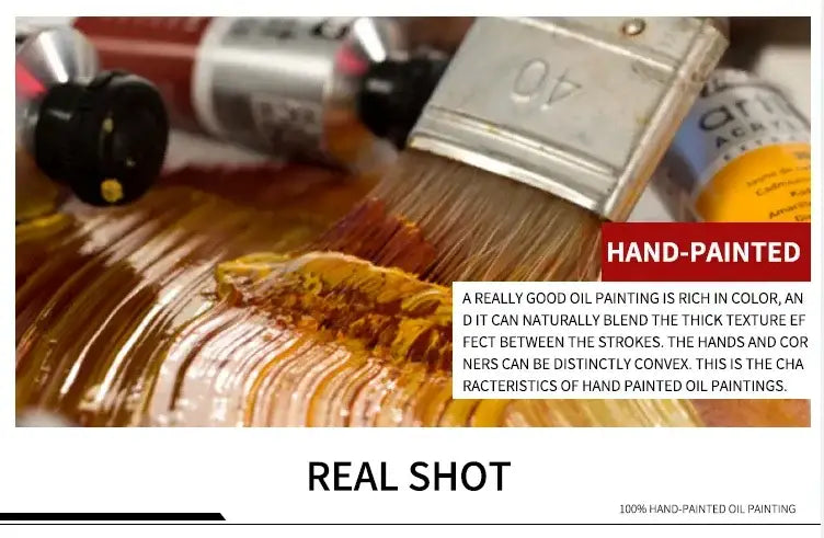 A close-up of a paintbrush dipped in golden-brown oil paint beside tubes for hand painted white mountain oil paintings canvas wall art