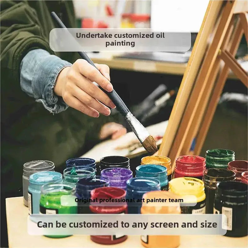 A hand holding a black-handled paintbrush with bristles dipped in paint above colorful oil paintings jars for white mountain hand painted 3D canvas wall art