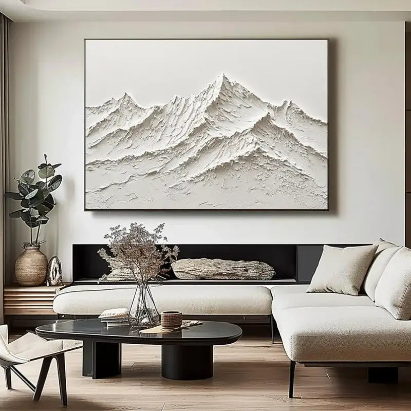 DecorBites™ white mountain 3D canvas wall art features a minimalist black frame and textured hand painted oil paintings