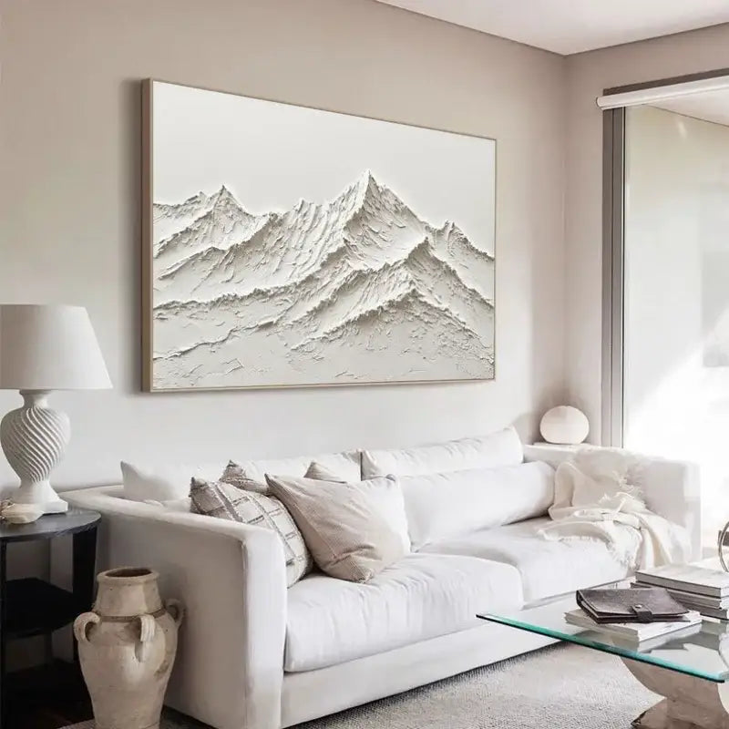 Decorbites™ white mountain 3d canvas wall art featuring minimalist textured peaks with subtle gray shading, hand painted style oil paintings