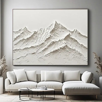 Decorbites™ white mountain 3d canvas wall art hand painted minimalist oil painting with textured surface and black frame