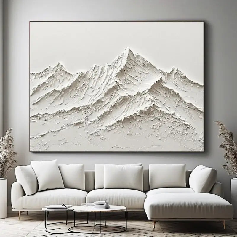 Decorbites™ white mountain 3d canvas wall art hand painted minimalist oil painting with textured surface and black frame