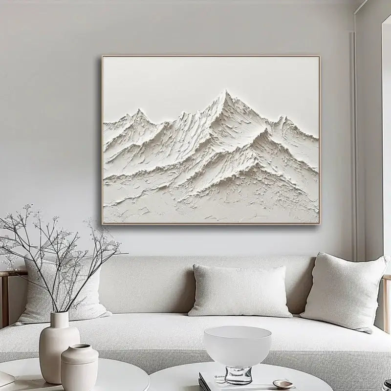 Decorbites™ white mountain 3d canvas wall art features a minimalist hand painted white mountain with a wooden frame